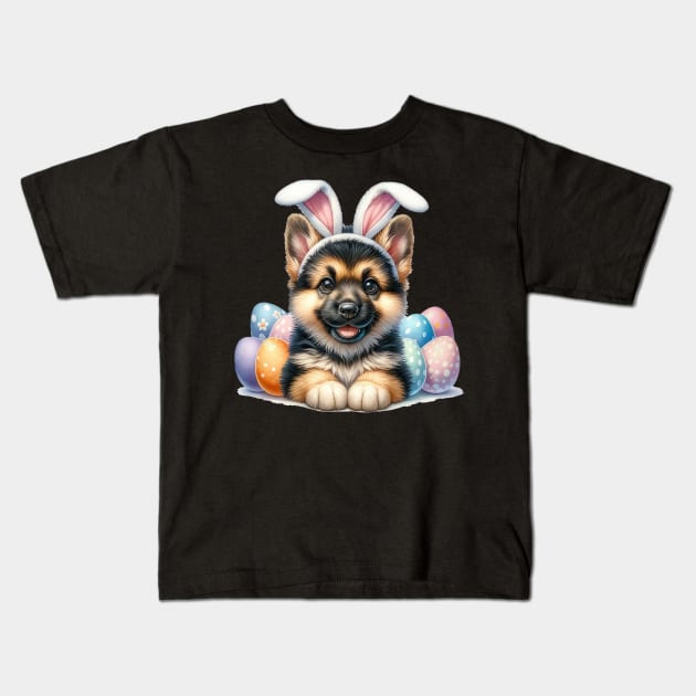 Puppy German Shepherd Bunny Ears Easter Eggs Happy Easter Kids T-Shirt by SuperMama1650